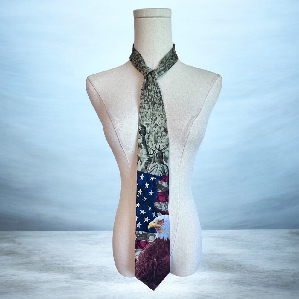 Eagles Wings Mens Silk Tie American Flag Bald Eagle Statue of Liberty Patriotic - Picture 1 of 6